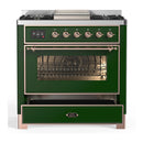 ILVE Majestic III 36-inch Dual Fuel Range with 6 Natural Gas Burner, Griddle and Triple Glass Door Electric Oven in Emerald Green with Copper Trim (UM36FNR3EGP)