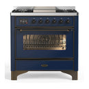 ILVE Majestic III 36-inch Dual Fuel Range with 6 Natural Gas Burner, Griddle and Triple Glass Door Electric Oven in Midnight Blue with Burnished Trim (UM36FNR3MBB)