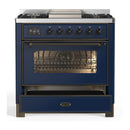 ILVE Majestic III 36-inch Dual Fuel Range with 6 Natural Gas Burner, Griddle and Triple Glass Door Electric Oven in Midnight Blue with Burnished Trim (UM36FNR3MBB)