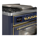 ILVE Majestic III 36-inch Dual Fuel Range with 5 Liquid Propane Burner, Griddle and Triple Glass Door Electric Oven in Blue Grey with Brass Trim (UM36FNR3MBGLP)