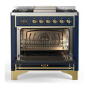 ILVE Majestic III 36-inch Dual Fuel Range with 6 Natural Gas Burner, Griddle and Triple Glass Door Electric Oven in Blue Grey with Brass Trim (UM36FNR3MBG)
