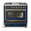 ILVE Majestic III 36-inch Dual Fuel Range with 6 Natural Gas Burner, Griddle and Triple Glass Door Electric Oven in Blue Grey with Brass Trim (UM36FNR3MBG)