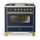 ILVE Majestic III 36-inch Dual Fuel Range with 5 Liquid Propane Burner, Griddle and Triple Glass Door Electric Oven in Blue Grey with Brass Trim (UM36FNR3MBGLP)