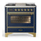 ILVE Majestic III 36-inch Dual Fuel Range with 5 Liquid Propane Burner, Griddle and Triple Glass Door Electric Oven in Blue Grey with Brass Trim (UM36FNR3MBGLP)