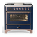 ILVE Majestic III 36-inch Dual Fuel Range with 6 Natural Gas Burner, Griddle and Triple Glass Door Electric Oven in Midnight Blue with Copper Trim (UM36FNR3MBP)