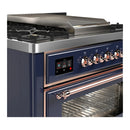 ILVE Majestic III 36-inch Dual Fuel Range with 5 Liquid Propane Burner, Griddle and Triple Glass Door Electric Oven in Midnight Blue with Copper Trim (UM36FNR3MBPLP)
