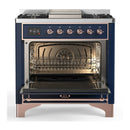 ILVE Majestic III 36-inch Dual Fuel Range with 6 Natural Gas Burner, Griddle and Triple Glass Door Electric Oven in Midnight Blue with Copper Trim (UM36FNR3MBP)
