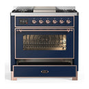 ILVE Majestic III 36-inch Dual Fuel Range with 6 Natural Gas Burner, Griddle and Triple Glass Door Electric Oven in Midnight Blue with Copper Trim (UM36FNR3MBP)