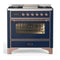 ILVE Majestic III 36-inch Dual Fuel Range with 6 Natural Gas Burner, Griddle and Triple Glass Door Electric Oven in Midnight Blue with Copper Trim (UM36FNR3MBP)