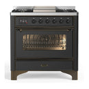 ILVE Majestic III 36-inch Dual Fuel Range with 6 Natural Gas Burner, Griddle and Triple Glass Door Electric Oven in Graphite Matte with Burnished Trim (UM36FNR3MGB)