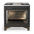 ILVE Majestic III 36-inch Dual Fuel Range with 6 Natural Gas Burner, Griddle and Triple Glass Door Electric Oven in Graphite Matte with Burnished Trim (UM36FNR3MGB)