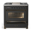 ILVE Majestic III 36-inch Dual Fuel Range with 6 Natural Gas Burner, Griddle and Triple Glass Door Electric Oven in Graphite Matte with Burnished Trim (UM36FNR3MGB)