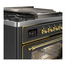 ILVE Majestic III 36-inch Dual Fuel Range with 5 Liquid Propane Burner, Griddle and Triple Glass Door Electric Oven in Graphite Matte with Brass Trim (UM36FNR3MGGLP)