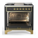 ILVE Majestic III 36-inch Dual Fuel Range with 6 Natural Gas Burner, Griddle and Triple Glass Door Electric Oven in Graphite Matte with Brass Trim (UM36FNR3MGG)