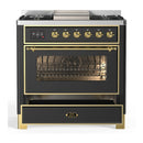 ILVE Majestic III 36-inch Dual Fuel Range with 6 Natural Gas Burner, Griddle and Triple Glass Door Electric Oven in Graphite Matte with Brass Trim (UM36FNR3MGG)