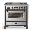 ILVE Majestic III 36-inch Dual Fuel Range with 6 Natural Gas Burner, Griddle and Triple Glass Door Electric Oven in Stainless Steel with Burnished Trim (UM36FNR3SSB)