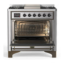 ILVE Majestic III 36-inch Dual Fuel Range with 6 Natural Gas Burner, Griddle and Triple Glass Door Electric Oven in Stainless Steel with Burnished Trim (UM36FNR3SSB)