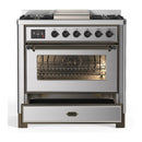 ILVE Majestic III 36-inch Dual Fuel Range with 6 Natural Gas Burner, Griddle and Triple Glass Door Electric Oven in Stainless Steel with Burnished Trim (UM36FNR3SSB)