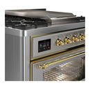 ILVE Majestic III 36-inch Dual Fuel Range with 6 Natural Gas Burner, Griddle and Triple Glass Door Electric Oven in Stainless Steel with Brass Trim (UM36FNR3SSG)