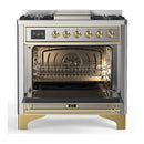 ILVE Majestic III 36-inch Dual Fuel Range with 6 Natural Gas Burner, Griddle and Triple Glass Door Electric Oven in Stainless Steel with Brass Trim (UM36FNR3SSG)
