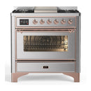 ILVE Majestic III 36-inch Dual Fuel Range with 6 Natural Gas Burner, Griddle and Triple Glass Door Electric Oven in Stainless Steel with Copper Trim (UM36FNR3SSP)