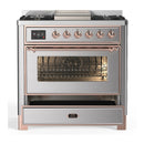 ILVE Majestic III 36-inch Dual Fuel Range with 5 Liquid Propane Burner, Griddle and Triple Glass Door Electric Oven in Stainless Steel with Copper Trim (UM36FNR3SSPLP)