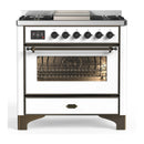 ILVE Majestic III 36-inch Dual Fuel Range with 6 Natural Gas Burner, Griddle and Triple Glass Door Electric Oven in White with Burnished Trim (UM36FNR3WHB)