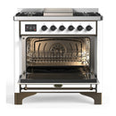 ILVE Majestic III 36-inch Dual Fuel Range with 6 Natural Gas Burner, Griddle and Triple Glass Door Electric Oven in White with Burnished Trim (UM36FNR3WHB)