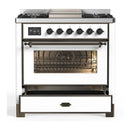 ILVE Majestic III 36-inch Dual Fuel Range with 6 Natural Gas Burner, Griddle and Triple Glass Door Electric Oven in White with Burnished Trim (UM36FNR3WHB)