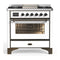 ILVE Majestic III 36-inch Dual Fuel Range with 6 Natural Gas Burner, Griddle and Triple Glass Door Electric Oven in White with Burnished Trim (UM36FNR3WHB)