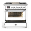 ILVE Majestic III 36-inch Dual Fuel Range with 5 Liquid Propane Burner, Griddle and Triple Glass Door Electric Oven in White with Chrome Trim (UM36FNR3WHCLP)