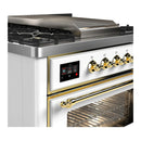 ILVE Majestic III 36-inch Dual Fuel Range with 6 Natural Gas Burner, Griddle and Triple Glass Door Electric Oven in White with Brass Trim (UM36FNR3WHG)
