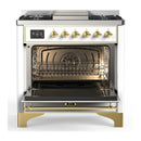 ILVE Majestic III 36-inch Dual Fuel Range with 6 Natural Gas Burner, Griddle and Triple Glass Door Electric Oven in White with Brass Trim (UM36FNR3WHG)