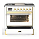 ILVE Majestic III 36-inch Dual Fuel Range with 6 Natural Gas Burner, Griddle and Triple Glass Door Electric Oven in White with Brass Trim (UM36FNR3WHG)