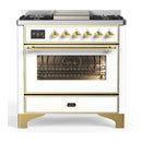 ILVE Majestic III 36-inch Dual Fuel Range with 5 Liquid Propane Burner, Griddle and Triple Glass Door Electric Oven in White with Brass Trim (UM36FNR3WHGLP)