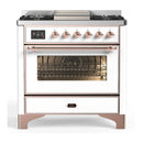 ILVE Majestic III 36-inch Dual Fuel Range with 5 Liquid Propane Burner, Griddle and Triple Glass Door Electric Oven in White with Copper Trim (UM36FNR3WHPLP)