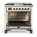 ILVE Majestic III 36-inch Dual Fuel Range with 6 Natural Gas Burner, Griddle and Solid Door Electric Oven in Antique White with Burnished Trim (UM36FQNR3AWB)