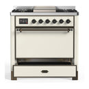 ILVE Majestic III 36-inch Dual Fuel Range with 6 Natural Gas Burner, Griddle and Solid Door Electric Oven in Antique White with Burnished Trim (UM36FQNR3AWB)