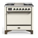 ILVE Majestic III 36-inch Dual Fuel Range with 5 Liquid Propane Burner, Griddle and Solid Door Electric Oven in Antique White with Burnished Trim (UM36FQNR3AWBLP)