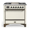 ILVE Majestic III 36-inch Dual Fuel Range with 6 Natural Gas Burner, Griddle and Solid Door Electric Oven in Antique White with Burnished Trim (UM36FQNR3AWB)