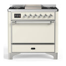 ILVE Majestic III 36-inch Dual Fuel Range with 6 Natural Gas Burner, Griddle and Solid Door Electric Oven in Antique White with Chrome Trim (UM36FQNR3AWC)