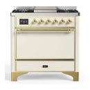ILVE Majestic III 36-inch Dual Fuel Range with 6 Natural Gas Burner, Griddle and Solid Door Electric Oven in Antique White with Brass Trim (UM36FQNR3AWG)