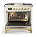 ILVE Majestic III 36-inch Dual Fuel Range with 5 Liquid Propane Burner, Griddle and Solid Door Electric Oven in Antique White with Brass Trim (UM36FQNR3AWGLP)
