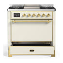 ILVE Majestic III 36-inch Dual Fuel Range with 6 Natural Gas Burner, Griddle and Solid Door Electric Oven in Antique White with Brass Trim (UM36FQNR3AWG)