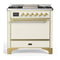 ILVE Majestic III 36-inch Dual Fuel Range with 6 Natural Gas Burner, Griddle and Solid Door Electric Oven in Antique White with Brass Trim (UM36FQNR3AWG)