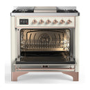 ILVE Majestic III 36-inch Dual Fuel Range with 6 Natural Gas Burner, Griddle and Solid Door Electric Oven in Antique White with Copper Trim (UM36FQNR3AWP)