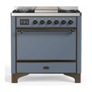 ILVE Majestic III 36-inch Dual Fuel Range with 6 Natural Gas Burner, Griddle and Solid Door Electric Oven in Blue Grey with Burnished Trim (UM36FQNR3BGB)