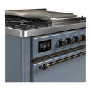 ILVE Majestic III 36-inch Dual Fuel Range with 6 Natural Gas Burner, Griddle and Solid Door Electric Oven in Blue Grey with Burnished Trim (UM36FQNR3BGB)