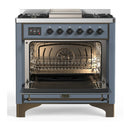 ILVE Majestic III 36-inch Dual Fuel Range with 6 Natural Gas Burner, Griddle and Solid Door Electric Oven in Blue Grey with Burnished Trim (UM36FQNR3BGB)