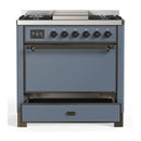 ILVE Majestic III 36-inch Dual Fuel Range with 6 Natural Gas Burner, Griddle and Solid Door Electric Oven in Blue Grey with Burnished Trim (UM36FQNR3BGB)